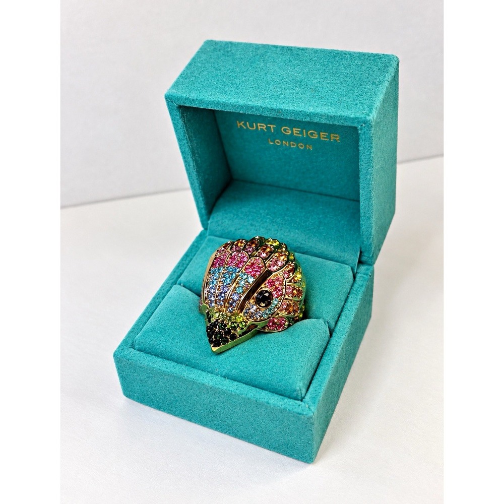 Kurt Geiger Eagle Head Ring Sz 8 Multicolor Crystal Pavé Gold Statement Jewelry